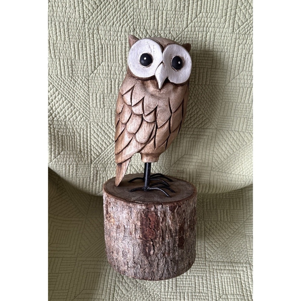 Rustic Hand Carved Wood Owl Sculpture Metal Legs Log Base 14" Folk Art Heavy